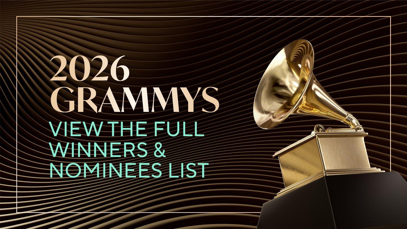 A graphic promoting the 2026 Grammys winners and nominees. 