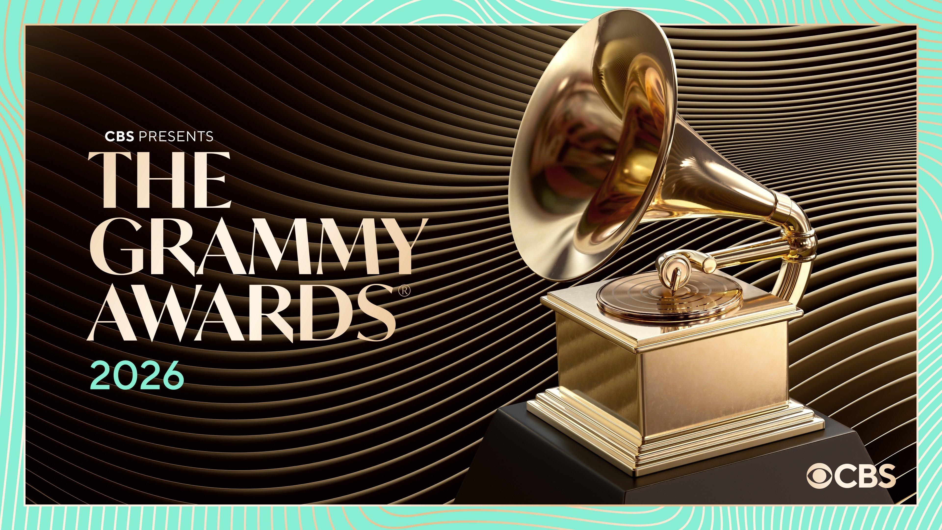 A graphic promoting the 2026 Grammy Awards. The graphic features the words "CBS PRESENTS" and "THE GRAMMY AWARDS 2026" atop a teal overlay and a black background with gold wave designs. The graphic also features a Grammy Award statue and the CBS logo.