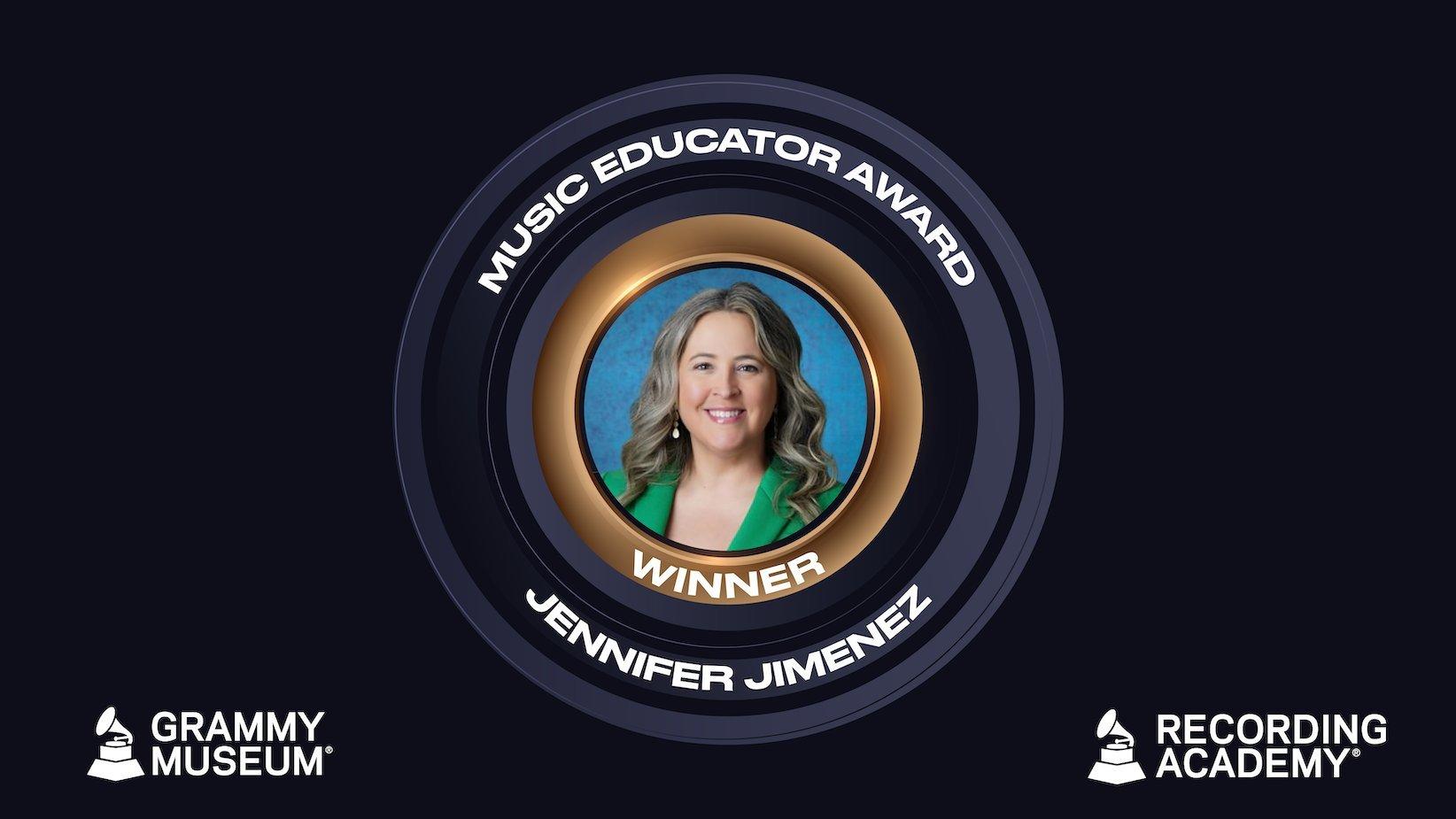 A graphic featuring a photo of Jennifer Jimenez, the recipient of the 2026 Music Educator Award, presented by the Recording Academy and GRAMMY Museum. The graphic features a photo of Jennifer Jimenez in the middle with circle designs on a black background