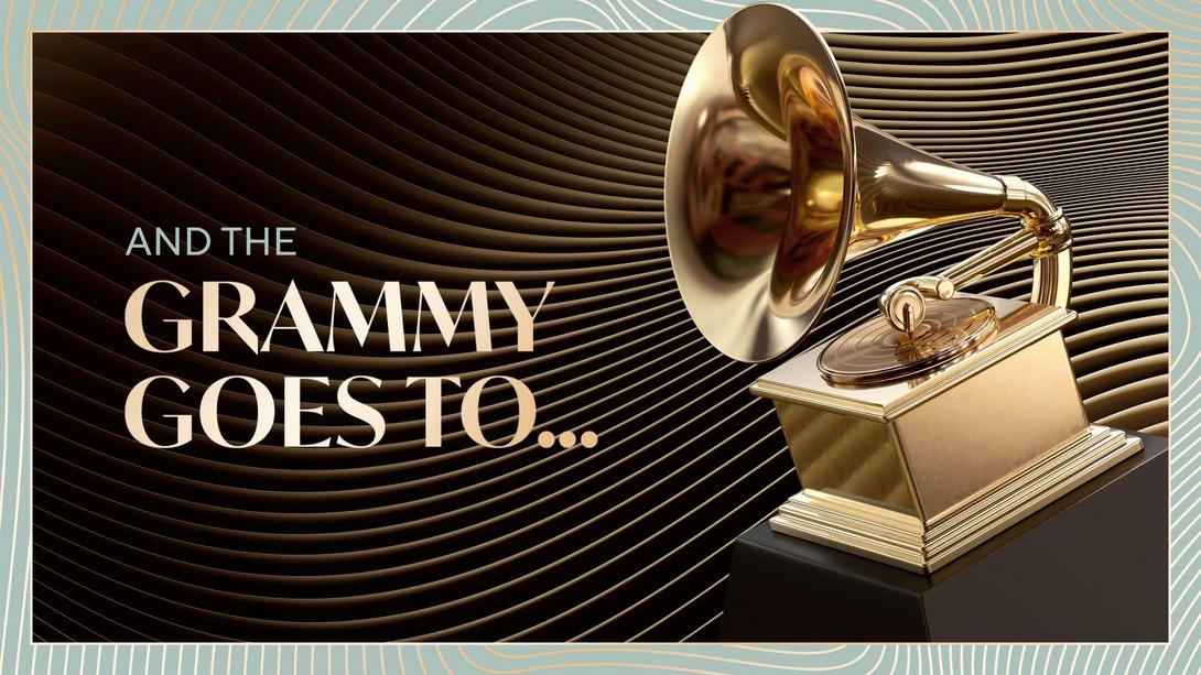 A graphic promoting the Recording Academy's And The GRAMMY Goes To... video series. The words "And The GRAMMY Goes To..." are written in white and gold letters next to a GRAMMY Award statue atop a black background with gold wave designs.