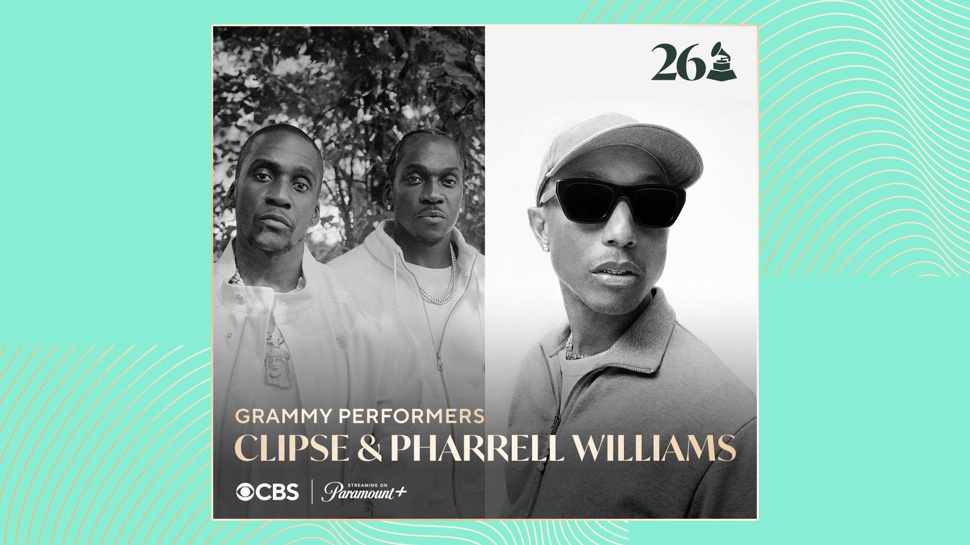 A collage graphic featuring photos of 2026 Grammys nominees and performers Clipse (L) and Pharrell Williams (R). The graphic features the words "GRAMMY PERFOMERS" and "Clipse & Pharrell Williams" alongside the CBS, Paramount+, and 2026 Grammy Awards logos