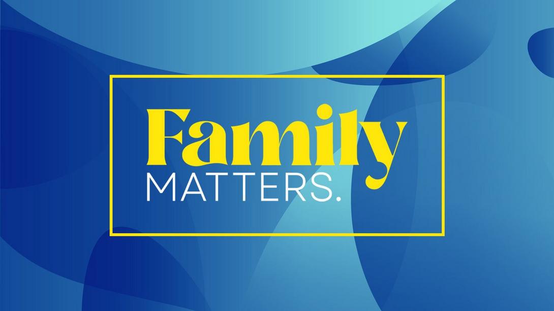 Logo artwork for the Recording Academy's Family Matters video series. The words "Family  Matters" are written in yellow with a yellow box surrounding the words on top of a light-blue background.