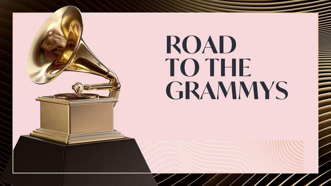 A graphic promoting the Recording Academy's Road To The Grammys video interview series. The words "Road To The Grammys" are written in black text atop a bright pink background over a black background with gold waves. A Grammy Award statue facing the left is aligned to the left of the graphic.